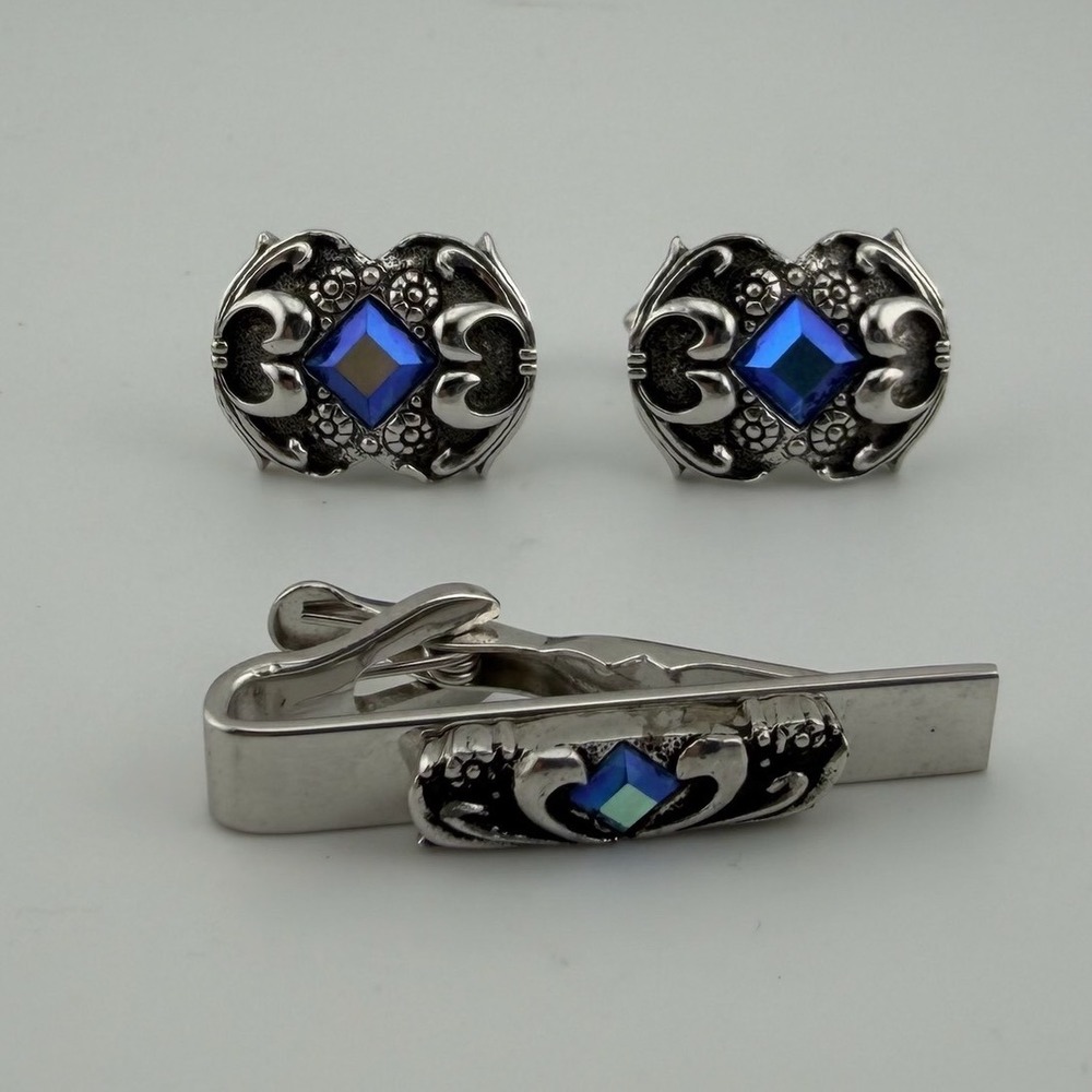 Swank Mens Vintage Cufflinks Tie Clip Set Silver Tone Blue AB Crystal Gothic